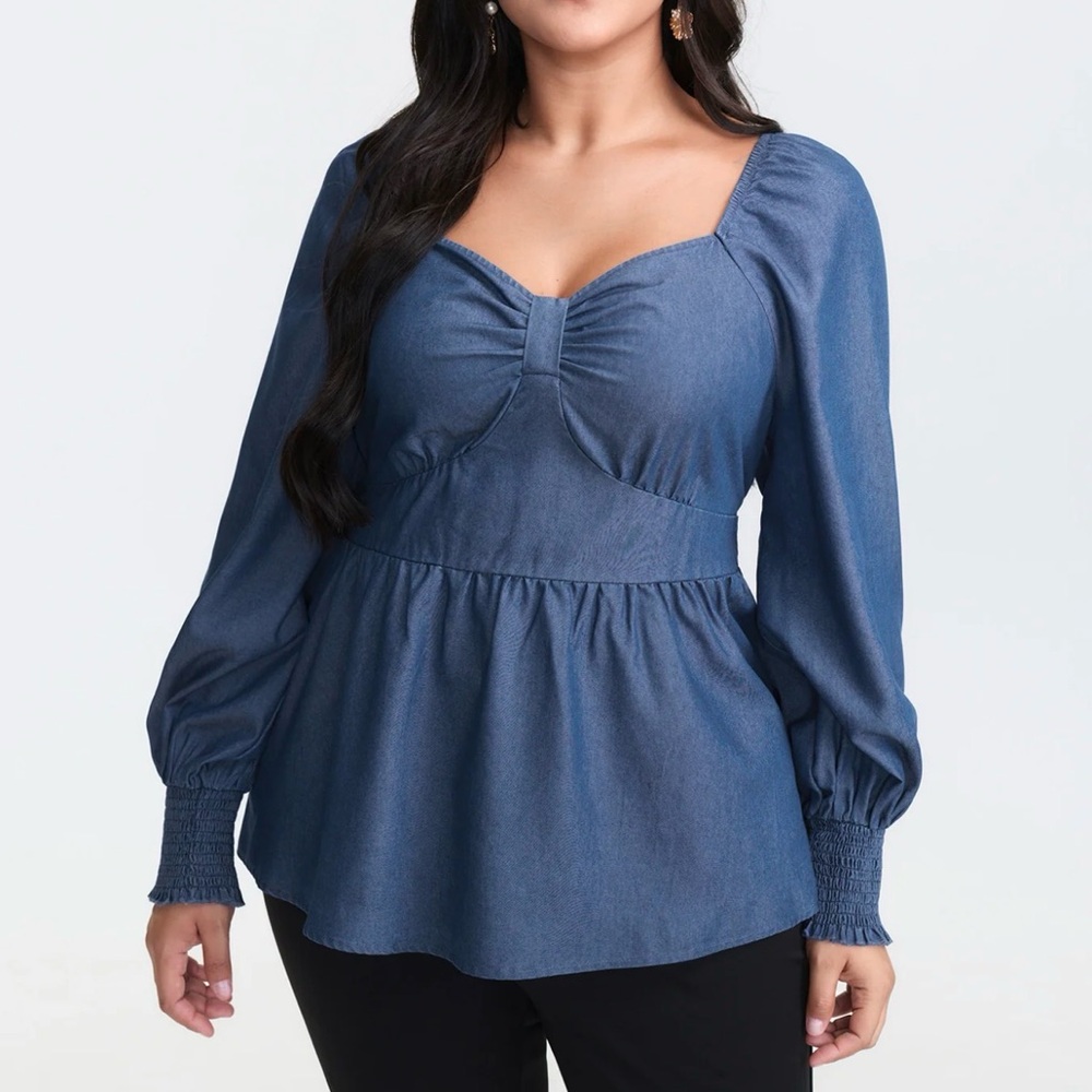 BloomChic Denim-Blue Peplum Long-Sleeve Blouse